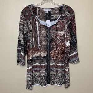 CHRISTOPHER & BANKS Tunic Top Brown Tan BOHO Rhinestones Tie Neckline MP